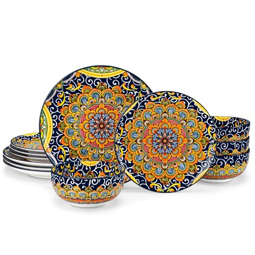 12 Pieces Dinnerware Sets (Service for 4 (12 Pcs) / Bohemian Dark Green)