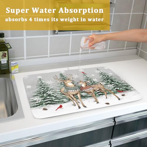 Winter Deer Dish Drying Mat Pine Tree Absorbent Dish Dry Pad Seasonal Microfiber Dish Drainer Mats for Kitchen Counter Coffee Bar 18x24 in (Deer Pine Tree / 18" x 18")