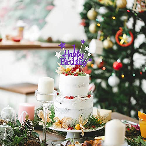 Purple Silver 1st Birthday Cake Topper with Glittery Stars (7 Count)