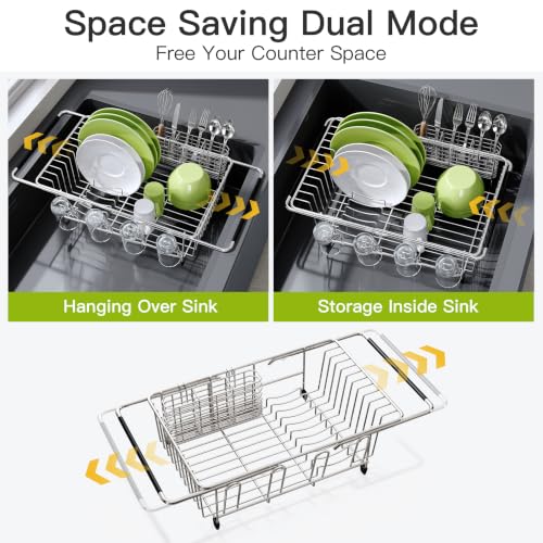 Stainless Steel Dish Drying Rack in Sink with Metal Utensil Holder (Silver / For 12"-30"w Sink, with Metal Utensil Holder)