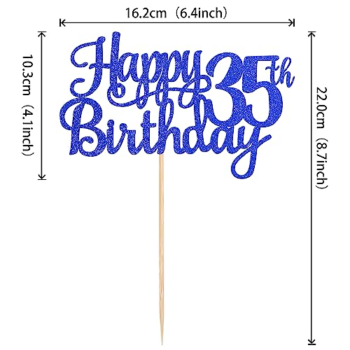 1 PCS Happy 35th Birthday Cake Topper Glitter Cheers to 35 Years Birthday Cake Pick Thirty Five 35 Fabulous Cake Decoration for Happy 35th Birthday Theme Party Decorations Supplies Blue (Blue / 35th)
