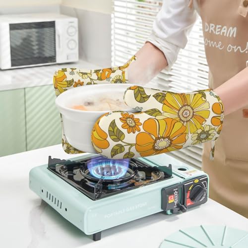 Retro 70s Style Flower Oven Mitts and Pot Holders Sets Silicone Kitchen Mitts Potholders Heat Resistant 4Pcs Oven Gloves Hot Pads for Kitchen Baking Cooking BBQ Grilling (Plant Flower)