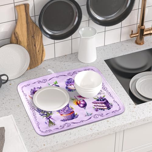 Purple Dish Drying Mats for Kitchen Counter Washable Drying Pad Absorbent Coffee Mat (Dreamy Dessert Purple / 18" x 16")