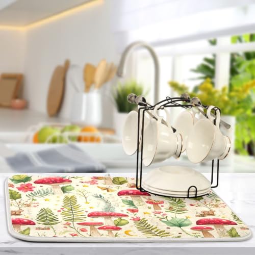 Mushroom Forest Fern Leaves Dish Drying Mat for Kitchen Counter Absorbent Microfiber Drying Pad (18" x 24")