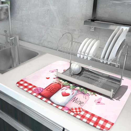 Rose Vase Dish Drying Mat 18x24 inch Romantic Floral Washable Absorbent Dish Dry Pad Fast Dry Drainer Rack Mats Kitchen Counter Accessories (Rose Floral Vase / 18" x 24")