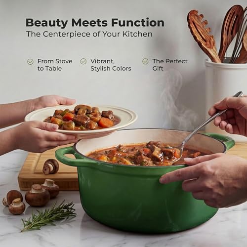 5 Quart Enameled Cast Iron Dutch Oven Pot with Lid (Green / 5 Quart)