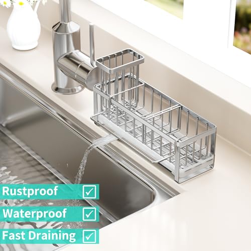 Sponge Holder for Kitchen Sink (Silver-Large / with Dishcloth Holder)