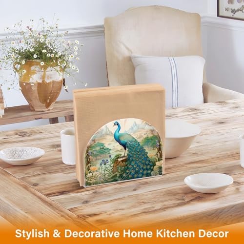 Peacock Garden Napkin Holder for Table Paper Napkins Holder Acrylic Tissue Dispenser Kitchen Dining Room Bathroom Party Car Decor (NH077 / 4.1x4.9x1.97in)