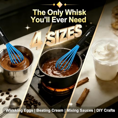 Silicone Kitchen Whisk Set of 4 (9+11+12 &11 inch / 4 Pcs Blue)