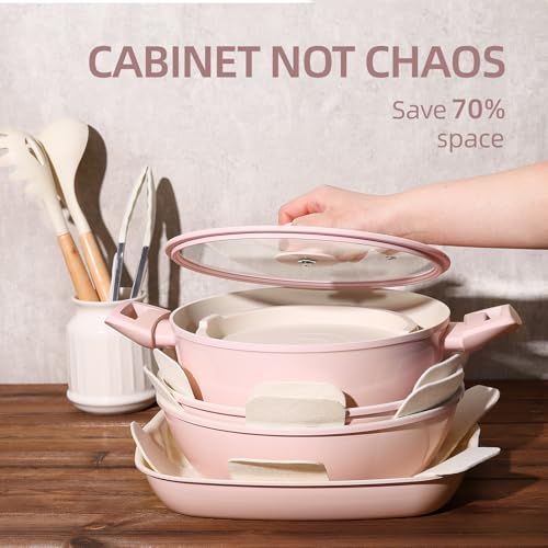 23pcs Ceramic Pots and Pans Set (Pink 23 Pcs)