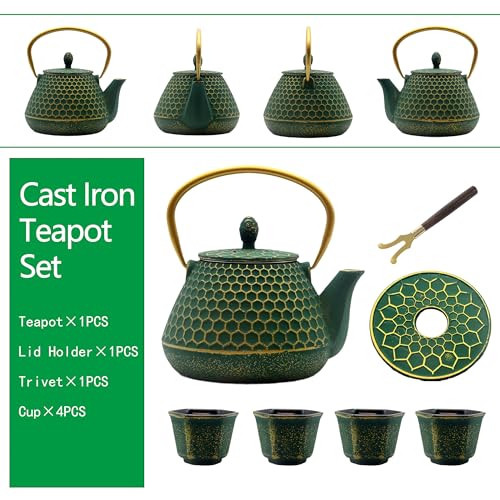 Cast Iron Teapot and Cups Set (Dark Green Hexagon Pattern, 1000ml/34oz with Cups)