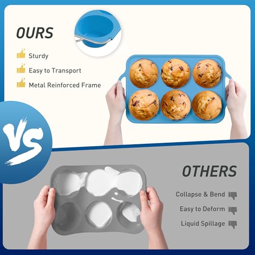 2 Packs 6 Cups Silicone Muffin Pan with Metal Reinforced Frame Jumbo Size Cupcake Pan Tray Egg Bites Silicone Molds Muffin Tin Tart Pans Bundt Pan Reposteria Accesorios Moldes Para Pasteles (2pc: 6-Cup Jumbo / Blue)