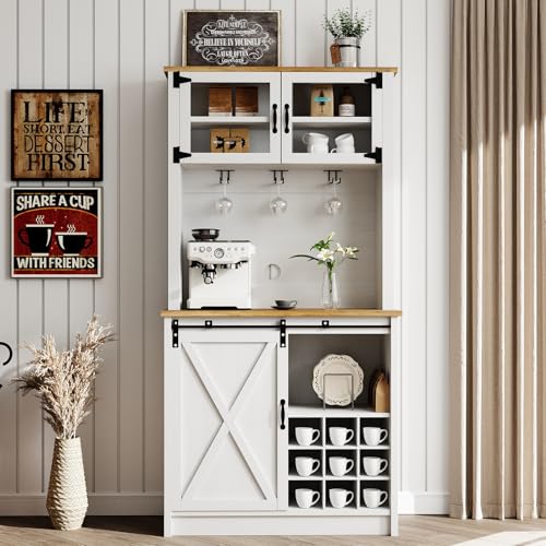 72" Farmhouse Coffee Bar Cabinet with Sliding Barn Door (71Inch / White)