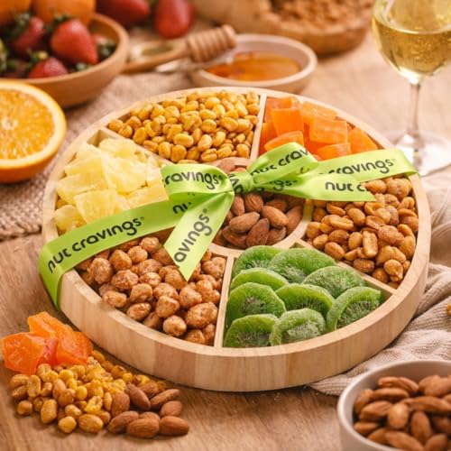 Dried Fruit & Mixed Nuts Gift Basket (6. Dried Fruits & Nuts Round Wooden Tray)