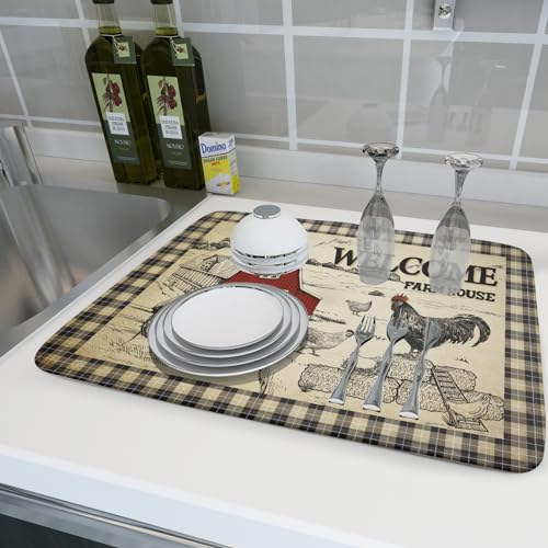 Farmhouse Rooster Dish Drying Mat 18x24 Inch Country Chicken Absorbent Dish Drainer Mat Reversible Countertops Protector Pad Kitchen Accessories (Farmhouse Rooster / 18" x 24")