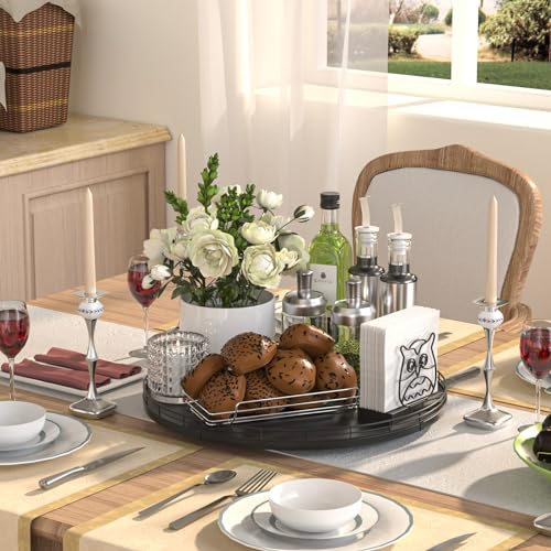 16 Inch Oak Lazy Susan Organizer with Black Metal Rail (Black / 16)