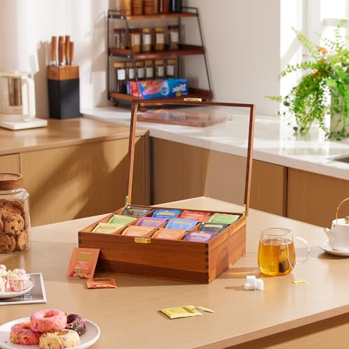 Wood Tea Bag Organizer with Clear Glass Lid (clear-1)