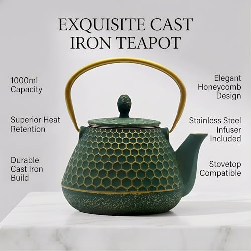 34oz Cast Iron Tea Kettle for Stovetop (Dark Green Hexagon Pattern, 1000ml/34oz)