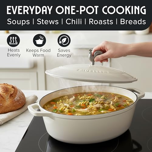 MUELLER HOME 5.5 Quart Enameled Cast Iron Oval Dutch Oven with Rooster Knob & Cotton Potholders (5.5 Quart -Oval / White)