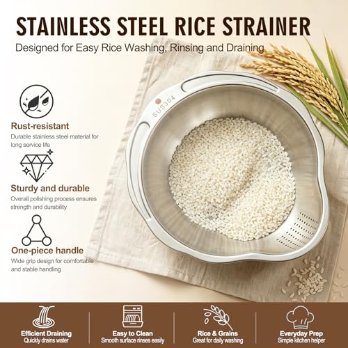 Rice Strainer & Rice Washing Bowl Stainless Steel (5.6 Qt Rice Strainer)