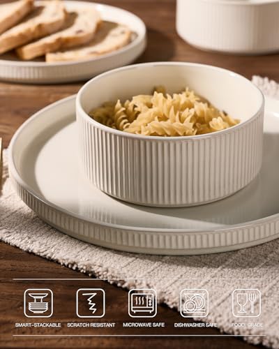 Ceramic Plates and Bowls Set (Oat White / Service for 4)