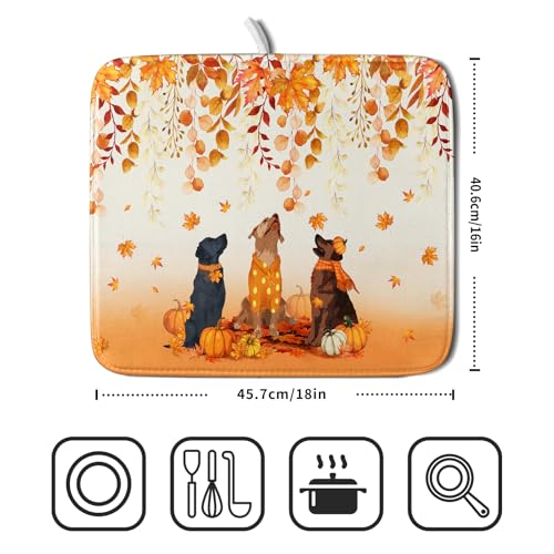 Fall Dogs Dish Drying Mat Autumn Leaves Reusable Dishes Pad 16"x18" Holiday Microfiber Quick Dry Dish Drainer Rack Mat for Kitchen Counter (Fall Dogs / 16x18 inch)