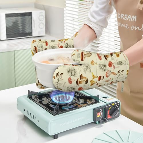 Mushroom Oven Mitts and Pot Holders Sets Silicone Vintage Mushrooms Kitchen Mitts Potholders Heat Resistant 4Pcs Oven Gloves Hot Pads for Kitchen Baking Cooking BBQ Grilling (Mushroom)