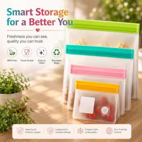 Reusable Food Storage Bags (10 Pack of 5 Gallon, 5 Large Bags (Multicolor))