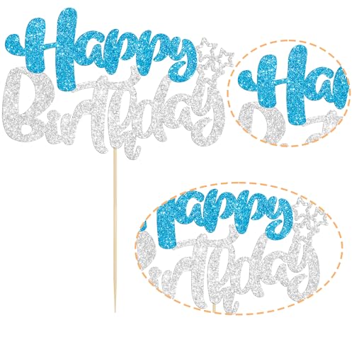 1Pcs Happy Birthday Cake Topper Glitter Happy Birthday Cake Pick for Winter Wonderland Baby Shower Theme Anniversary Party Decorations Supplies Blue Silver (Style 2 / Blue Silver)