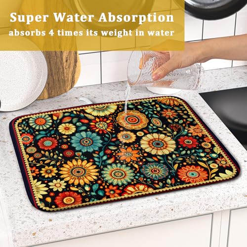 Bohemian Style Flowers Drying Pad Boho Floral Dish Drying Mat for Kitchen Counter Absorbent Microfiber Drainer Rack Mat (Boho Floral Black / 18" x 16")
