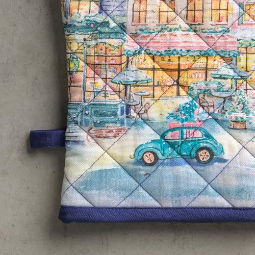 100% Cotton Oven Mitt & Pot Holder Set (123 - Christmas Market - Blue / 7.5" x 13" & 8" x 8" (Oven Mitt & Pot Holder))