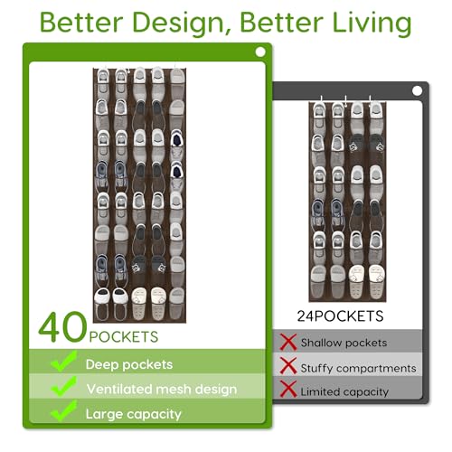 Over the Door Shoe Organizer with 40 Large Breathable Mesh Pockets (Brown / 40 Pockets)