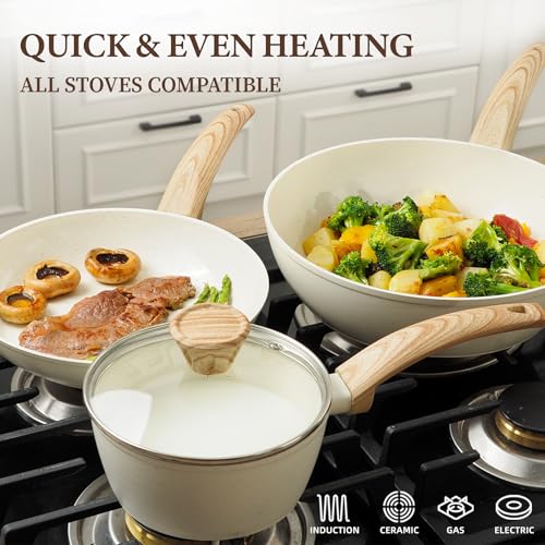 26Pcs Pots and Pans Nonstick Ceramic Cookware Set Nontoxic Kitchen Cooking Set with Steamers Utensils Induction Compatible (Cream White)