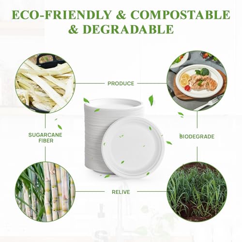 350 Pack Compostable Bagasse Paper Plates 6.9 inch (White / 7 IN Round Plates)