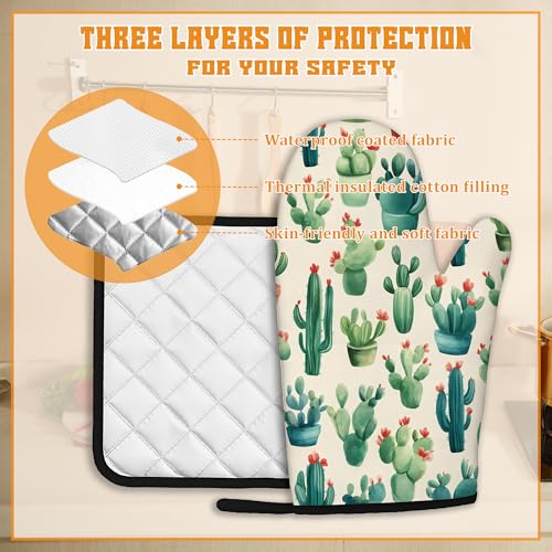 Cactus Succulent Flower Oven Mitts and Pot Holders Set (4 Count)
