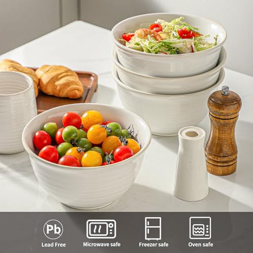Soup Bowls 40 Ounce Deep Ceramic Bowl Sets for Cereal Soup Salad Pasta Popcorn Oatmeal Breakfast (White / 40 Ounce)