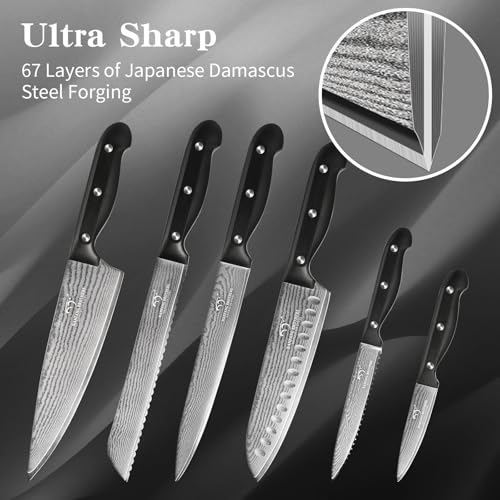 9 Piece Japanese Damascus Kitchen Knife Set with Block (Black/Black / 9 Pieces)