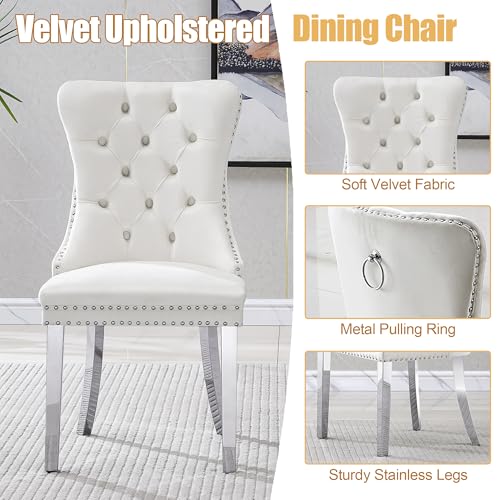 7 Piece Glass Dining Table Set for 6 (White Table & Silver White Chair / 7-Piece Set-OC-Shaped Table)