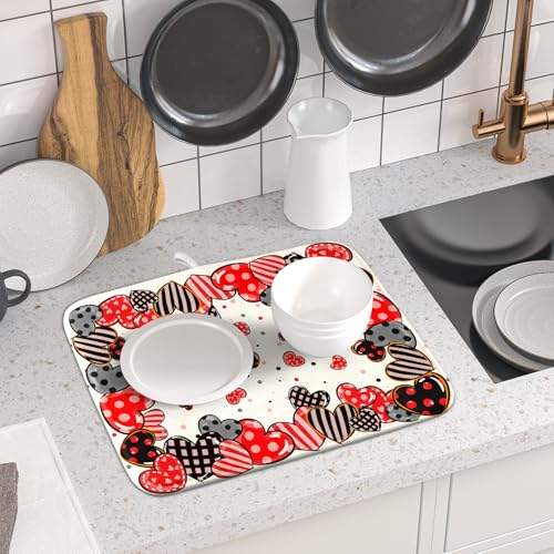Red Heart Dish Drying Mat 16"x18" Love Dots Microfiber Dish Drainer Rack Mat Holiday Absorbent Fast Dry Pad for Kitchen Counter Home Decor (Heart Dots / 16" x 18")