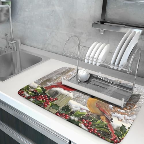 Winter Birds Dish Drying Mat Red Berry Dish Drainer Rack Mat Microfiber Absorbent Dish Drying Pad for Kitchen Counter Coffee Bar 18x24 Inch (Winter Red Birds / 24" x 18")