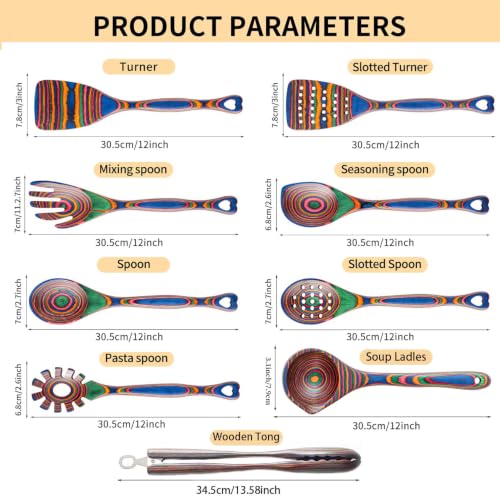 Pakkawood 9 Piece Rainbow Heart Wooden Utensils Set (9 PCS Rainbow)