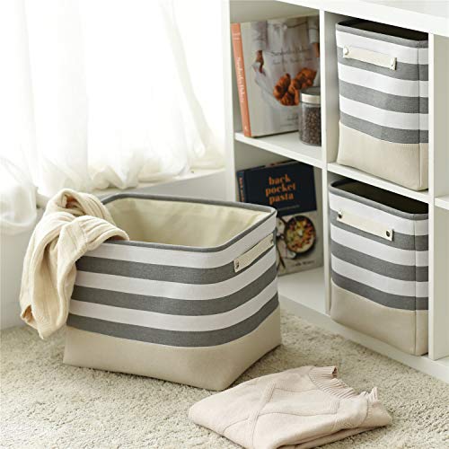 Extra Large Cube Storage Bins Baskets for Organizing (Grey&White Stripes / 3PCS/Large Cube - 16L×12W×12H)