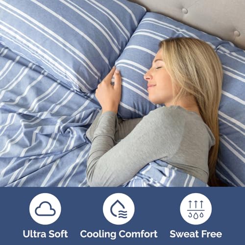 Short Queen Size 4 Piece Bed Sheet Set (42 - Blue Stripes 3 / Short Queen)