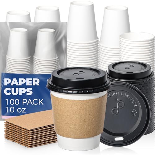 100 Pack 10 oz Disposable Coffee Cups with Lids (10 oz)