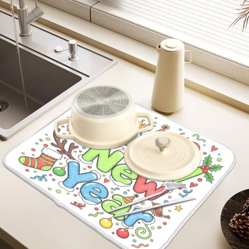 Cute Happy New Year Dish Drying Mat for Kitchen Counter Absorbent Microfiber Small Drying Pad Dish mats for Kitchen Countertops 16 x 18 Inch (Happy New Year / 18" x 16")