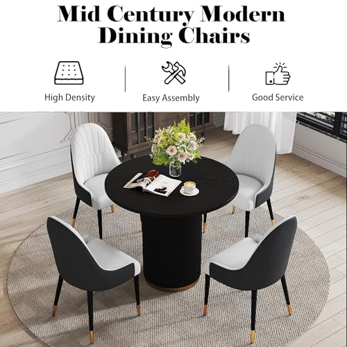 Black White Dining Chairs Set of 2 with High Backs Mid Century Modern Kitchen Dining Room Chairs PU Faux Leather Upholstered Large Padded Accent Chair with Legs (Black White)