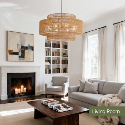 30" Rattan Chandelier for Dining Room (Brown / 30” 8-Light)