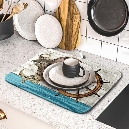 Nautical Anchor Dish Drying Mat 16x18 inch Coastal Boat Fast Dry Microfiber Reversible Dish Drainer Pad Kitchen Countertop Tabletop Decor (Marine Anchor / 16" x 18")