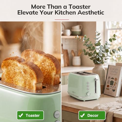 2 Slice Stainless Steel Toaster Retro with 6 Bread Shade Settings (2 Slice / Green)