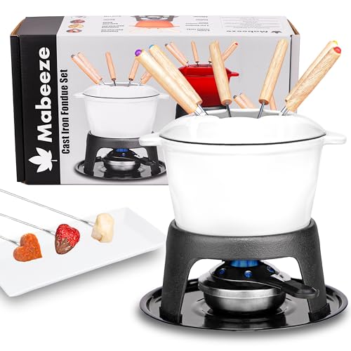 Cast Iron Fondue Pot Set White Enameled 1.6 Qt for Cheese (White)